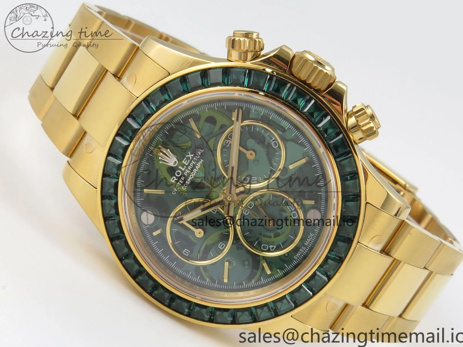 Bezel YG Crystals MPF SA4801 Skeleton Bracelet Custom 40mm Modded Green Dial Daytona on 0427